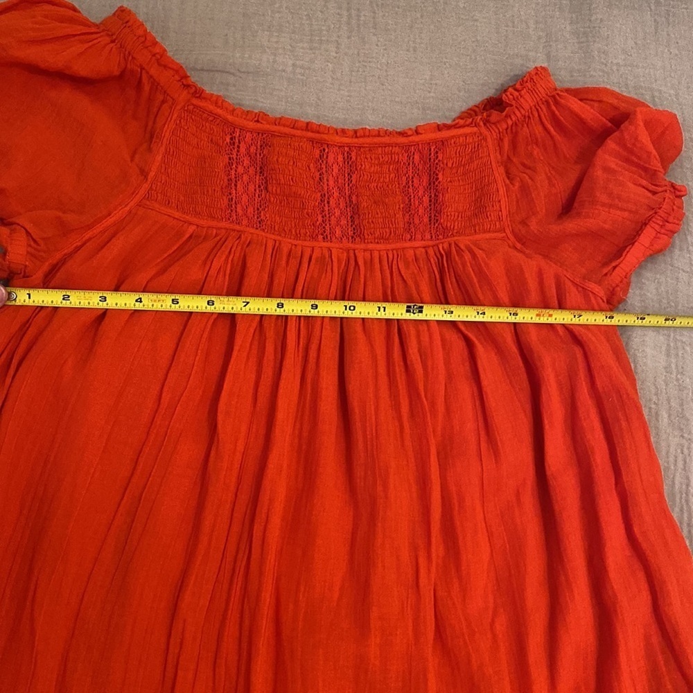 Free People Bright Orange/Red Puff Sleeve Mini Dress shorts underneath - Picture 9 of 11